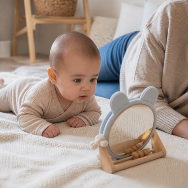 Bebê de bruços sobre uma manta, apoiado nos antebraços e olhando um espelhinho de brinquedo, com um adulto deitado ao lado (imagem gerada por IA)