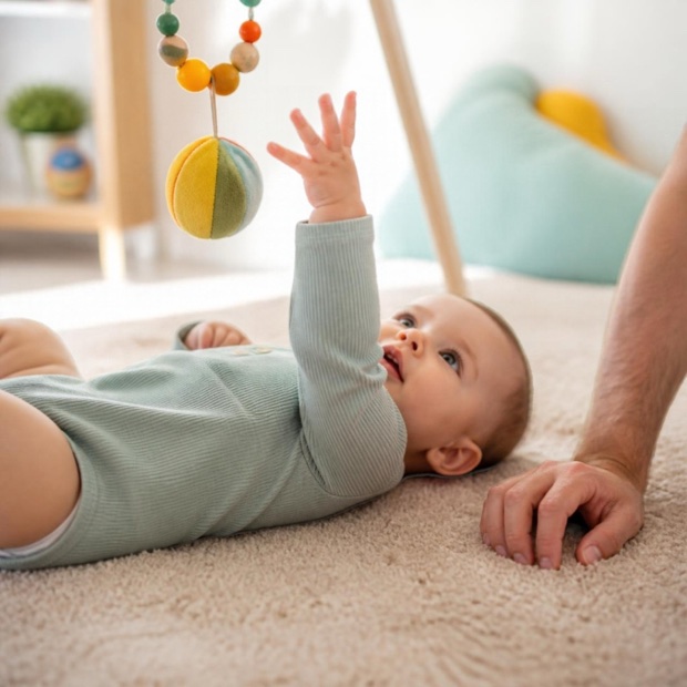 Bebê deitado de costas sobre um tapete, esticando a mão para um brinquedo pendurado, com o braço e a mão de um adulto ao lado (imagem gerada por IA)